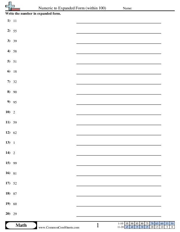 Numeric to Expanded (within 100) worksheet